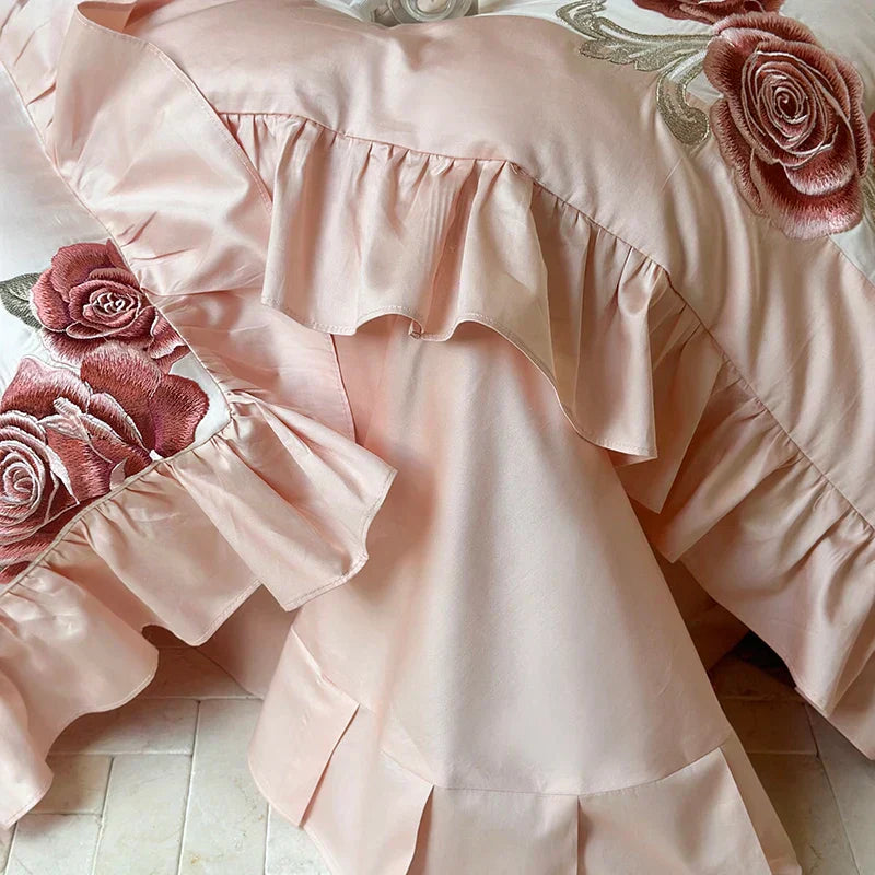 DecorBites™ Butterfly Flowers Embroidery Ruffles Wedding Bedding Set: 1400TC 100% Egyptian Cotton