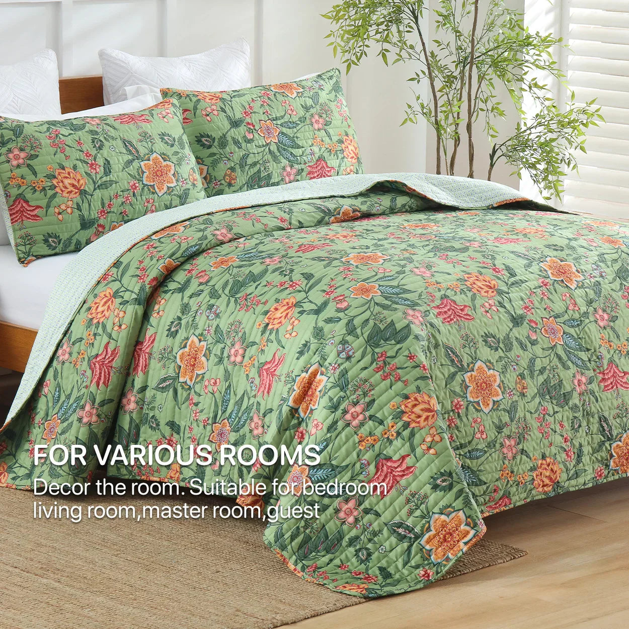 ™ Green Floral Quilt Set 3-Piece Oversized Bedding with Shams