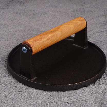 DecorBites™ Cast Iron Steak Press Plate with Wooden Handle - Kitchen Barbecue Tool