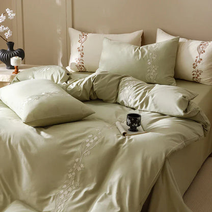 DecorBites™ Elegant Lily of the Valley Embroidery Brown Cotton Bedding Set