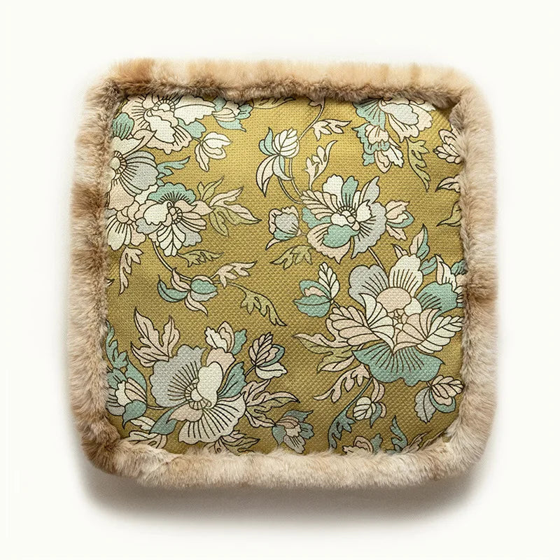 DecorBites™ Boho Floral Square Chair Cushions with Faux Fur Trim - Soft & Thick Seat Pad