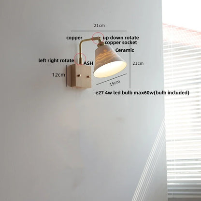 ™ Globe Ceramic Walnut Wood Wall Light with Pull Chain Switch and Rotatable Design