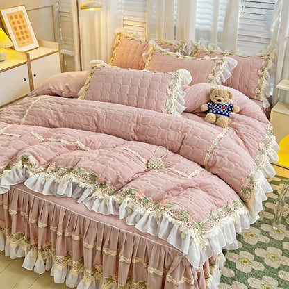 ™ Korean Princess Bedding Set: Flowers, Lace, Ruffles, Embroidery, Quilted, Duvet Cover, Bedspread