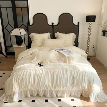 DecorBites™ Pink French Princess Bedding Set, Queen Size, Soft & Cozy with Lace Ruffles