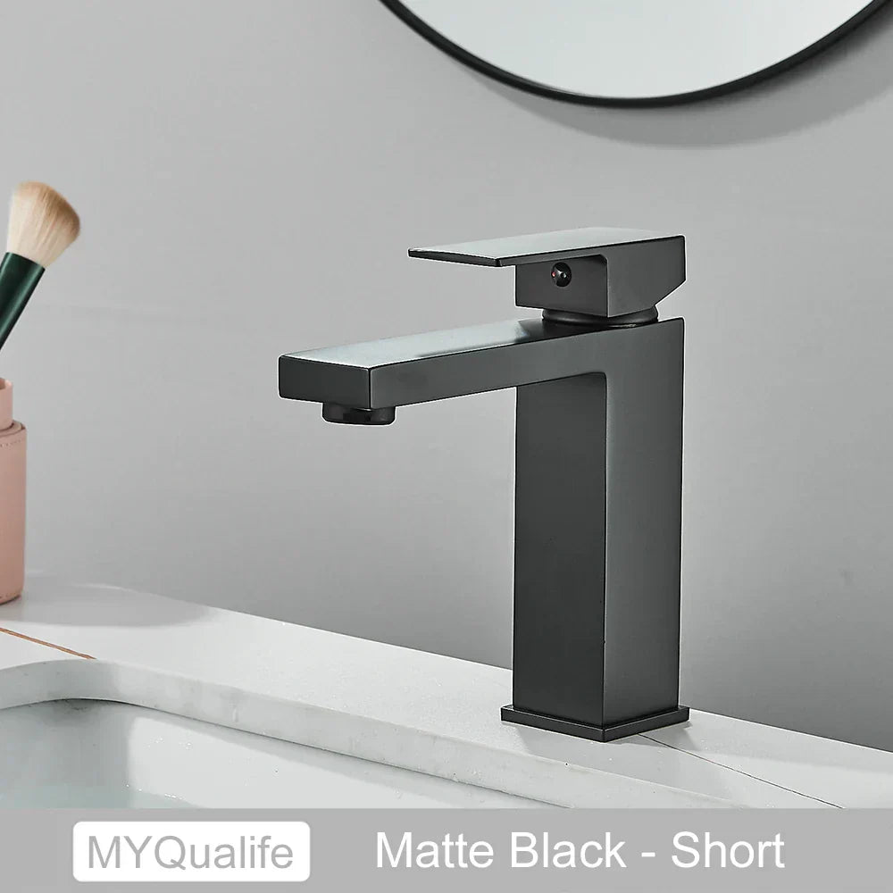 DecorBites™ Black Brass Square Basin Faucet: Bathroom Washbasin Mixer Tap, Single Handle Tall Model.