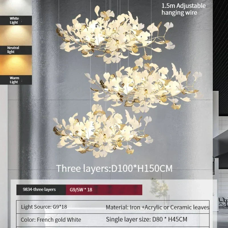 DecorBites™ Ginkgo Leaves Chandelier: Nordic Luxury Pendant Lamp for Hotel, Stairs, Living Room