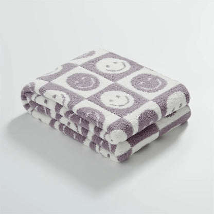 DecorBites™ Knitted Checkboard Smile Face Design Fluffy Blanket - Spring Violet Pink Gray Blanket