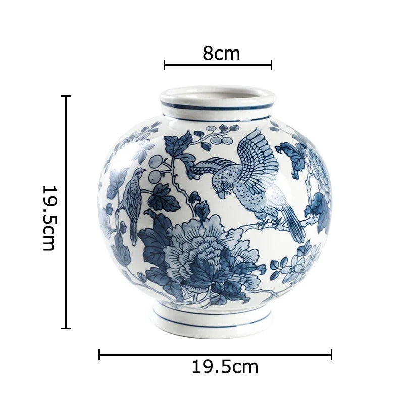 DecorBites™ Blue Porcelain Vase: Flowers and Birds Pattern Table Decor Floral Vases Room Aesthetic