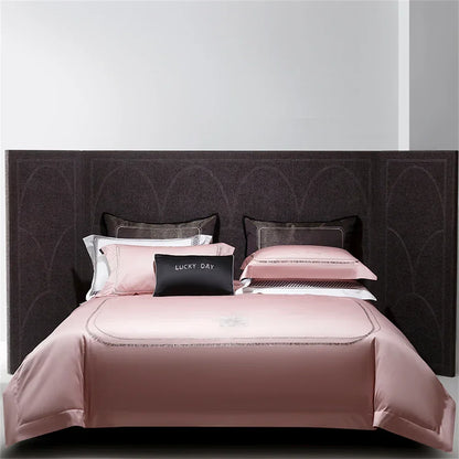 DecorBites™ Cotton Satin Jacquard Embroidery Bedding Set with Elastic Sheet & Duvet Cover