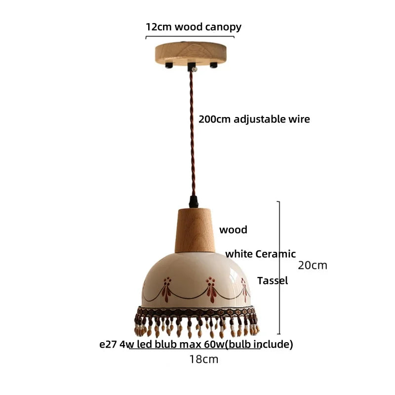 DecorBites™ Brown Wood Ceramic Tassel LED Pendant Lights for Modern Interior Lighting