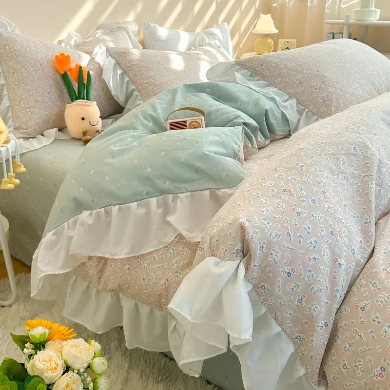DecorBites™ Korean Princess Floral Ruffles Bedding Set: Single/Queen Duvet, Cover, & Pillowcases