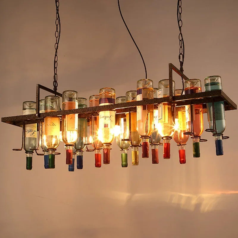 ™ Industrial Metal Wine Bottle Chandelier for Coffee Shop Bar LED Decor