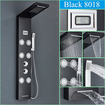DecorBites™ Black Shower Panel Column Wall Mount Rainfall Waterfall Faucet Hot Cold Mixer Tap