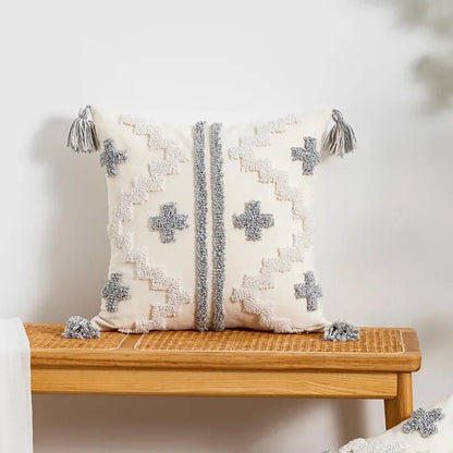 DecorBites™ Geometric Tufted Tassel Cushion Cover White Grey Bohemian Decor Pillow Cover