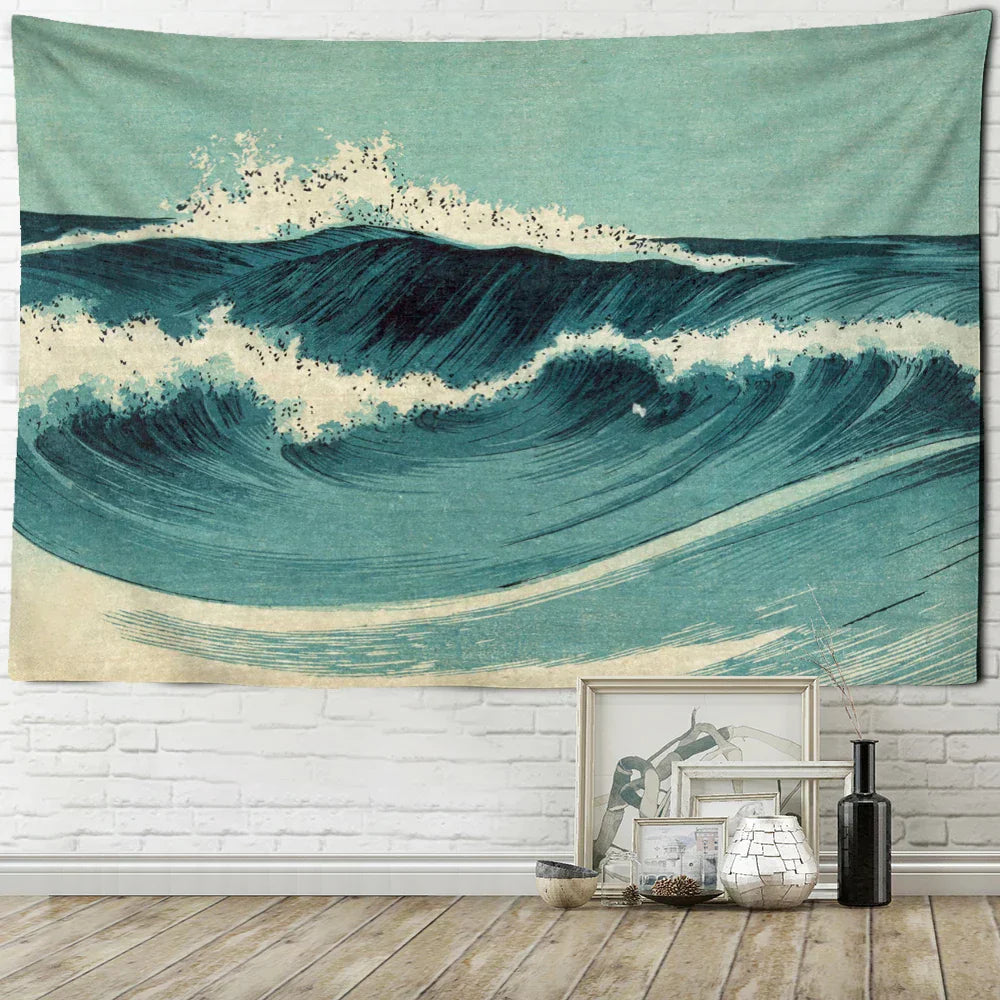 DecorBites™ Blue Wave Oil Painting Tapestry Wall Hanging for Bohemian Style Room Decor