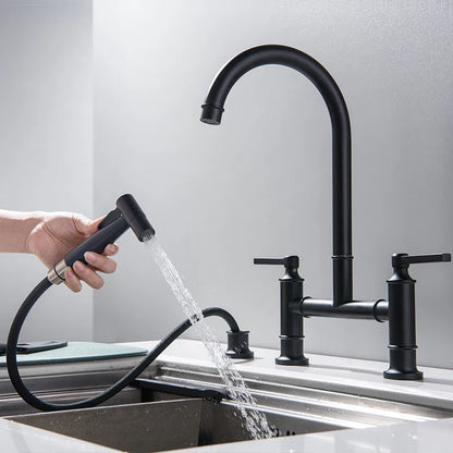 DecorBites™ Brushed Gold Kitchen Faucet with Hand Shower Head Pot Filler Tap & Black Sink Spout
