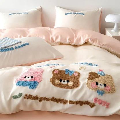 DecorBites™ Cartoon Embroidery Cotton Bedding Set - Summer Cool, Skin Friendly Flat Sheet Kit