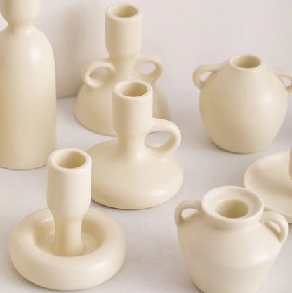 Geometric ceramic candle holder set – living room cream decor