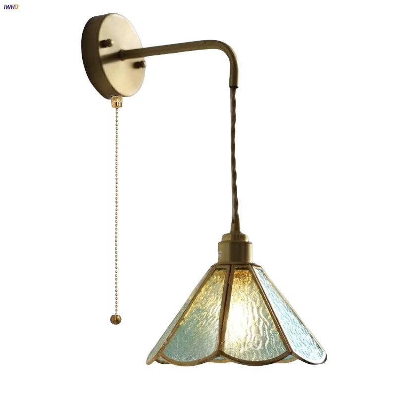 DecorBites™ Blue Glass LED Wall Sconce Pull Chain Switch Staircase Tiffany Style Mirror Light