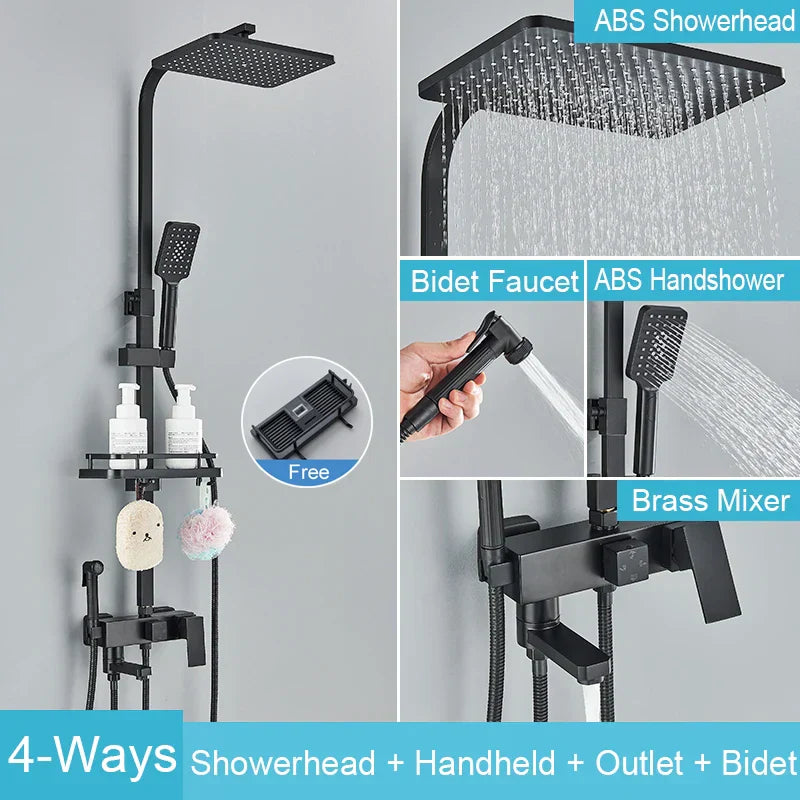 DecorBites™ Black Brass Shower Faucet Set Rainfall Bathtub Tap With Bathroom Shelf