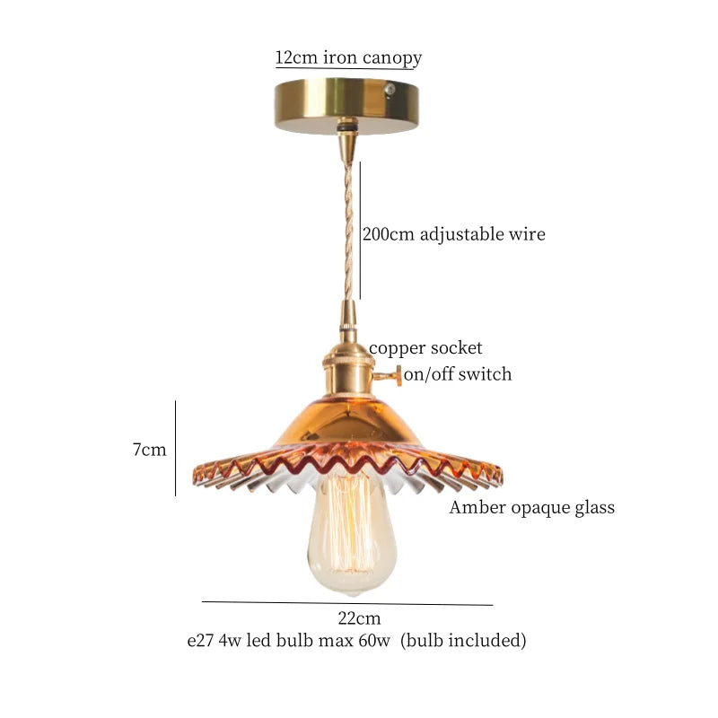 DecorBites™ Brass Amber Glass LED Pendant Light for Restaurant Bedside Kitchen Loft Bar