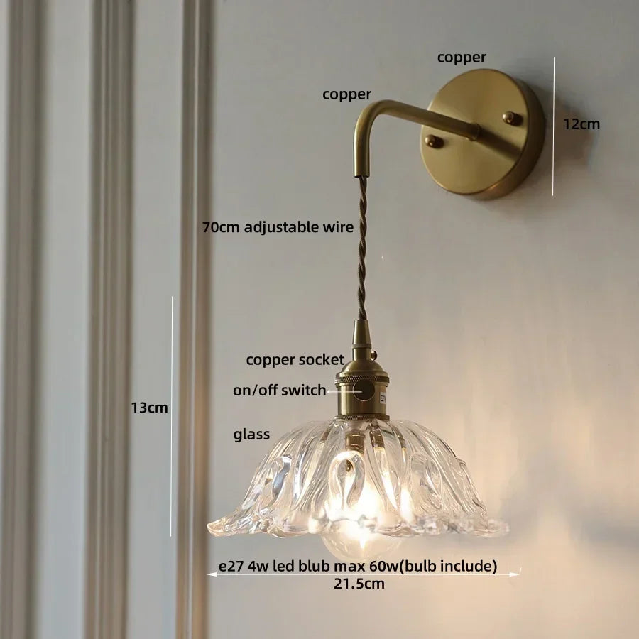 DecorBites™ Amber Glass LED Wall Sconce, Brass Finish, Adjustable Wire, Modern Nordic Style