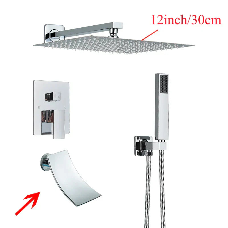DecorBites™ Black Wall Mounted Shower System with Handshower - 12/16 Inch Rainwater Faucet