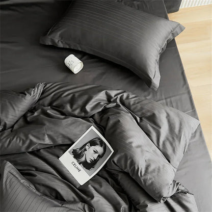 DecorBites™ Grey Lines Stripes Duvet Cover Set Cotton Satin Jacquard Queen King Size