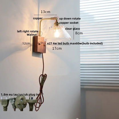 DecorBites™ Clear Glass LED Wall Light Walnut Bedside Lamp Modern Rotatable Brass Wall Lights