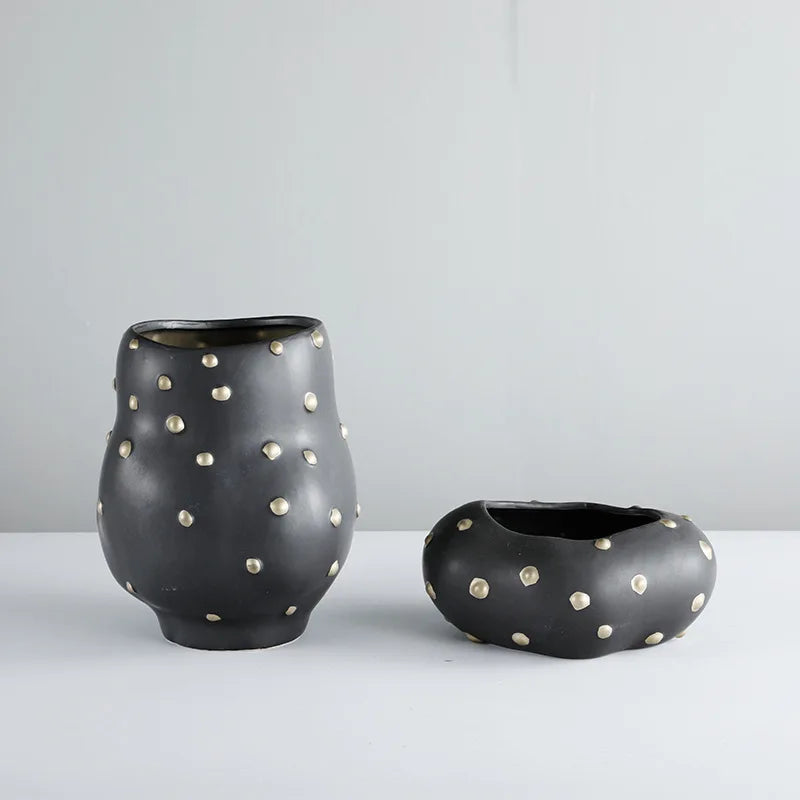 DecorBites™ Black Resin Flower Pot Gold Accent Vase for Chic Home Decor