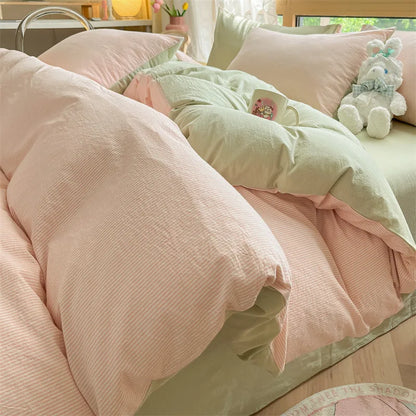 DecorBites™ Cotton Striped Bedding Set Yarn Dyed Washed Duvet Cover Single Bedclothes
