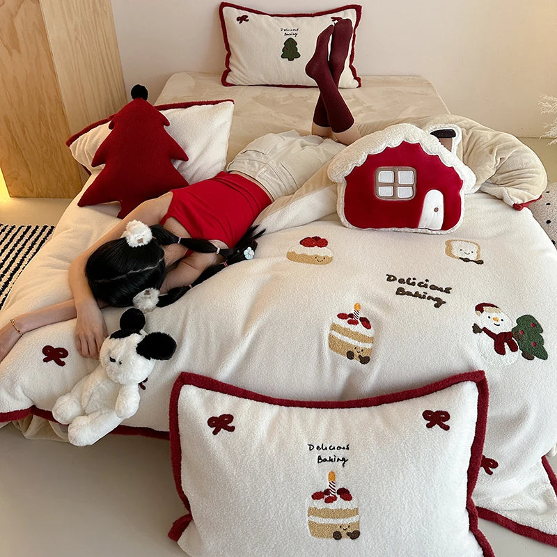 DecorBites™ Cartoon Embroidered Cashmere Winter Bedding Set - Queen Size