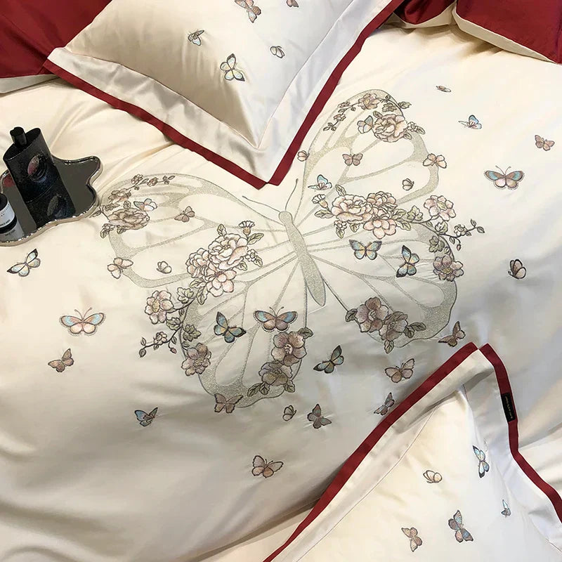 DecorBites™ Butterfly Flowers Embroidery Wedding Bedding Set 1000TC Egyptian Cotton Duvet Cover