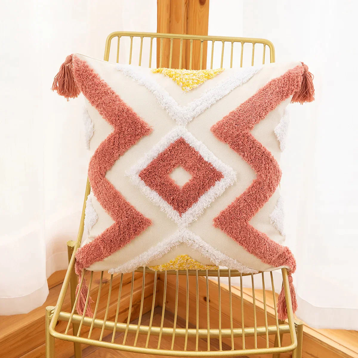 DecorBites™ Geometric Tufted Embroidery Flowers Boho Cushion Cover with Tassel