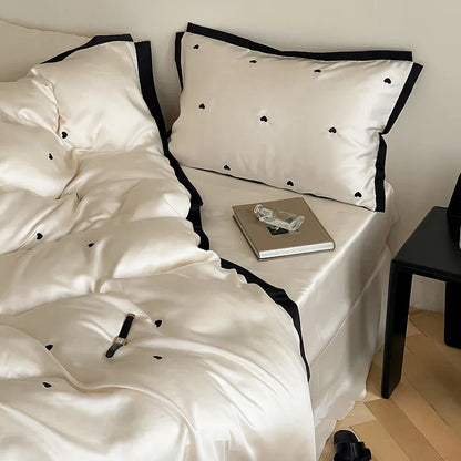 DecorBites™ Luxe Heart Embroidered Bedding Set: 100% Lyocell Duvet Cover Set with Sheets