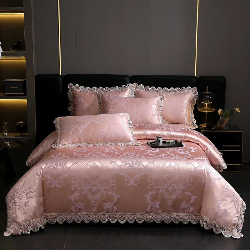 DecorBites™ Golden Jacquard Cotton Lace Bedding Set - Silky Soft Duvet Cover, Flat Sheet, Pillowcase