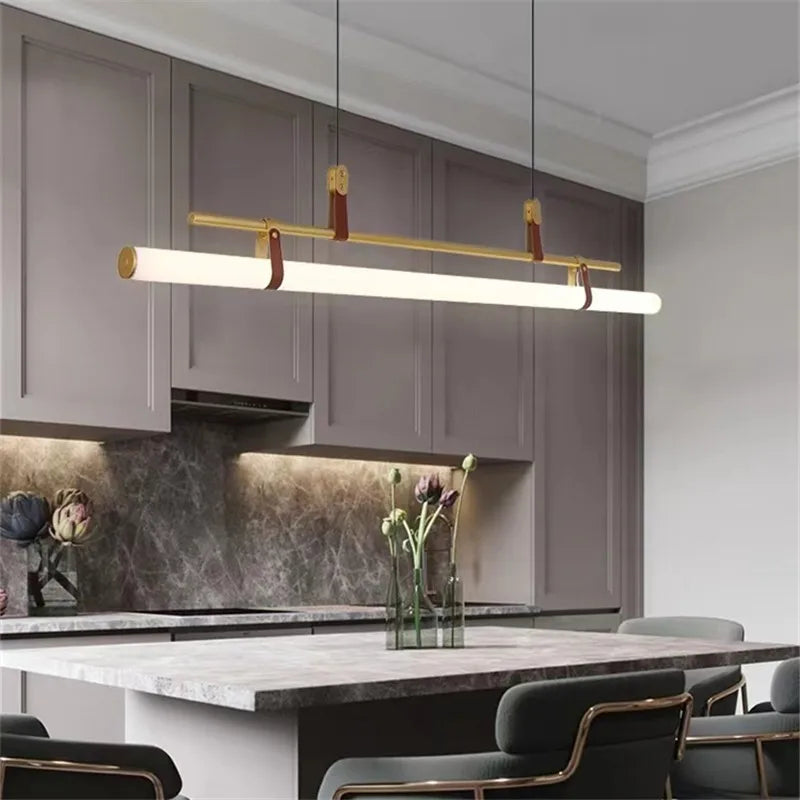 DecorBites™ Lucien Tube Chandelier Black Gold Leather Pendant Light Fixture
