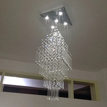 DecorBites™ Crystal Column Chandelier: Modern Square Base Hanging Lamp for Living Room, Stair Loft