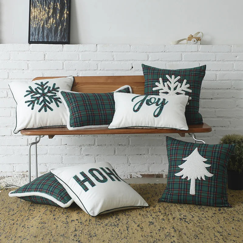 DecorBites™ Christmas Plaid Cotton Cushion Cover with Letter Snowflake Embroidery