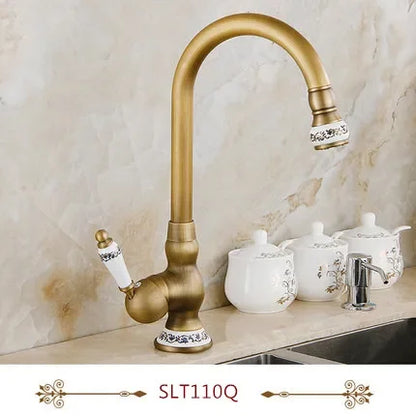 DecorBites™ Antique Brass Swivel Spout Kitchen Faucet Single Handle Vessel Sink Mixer Tap