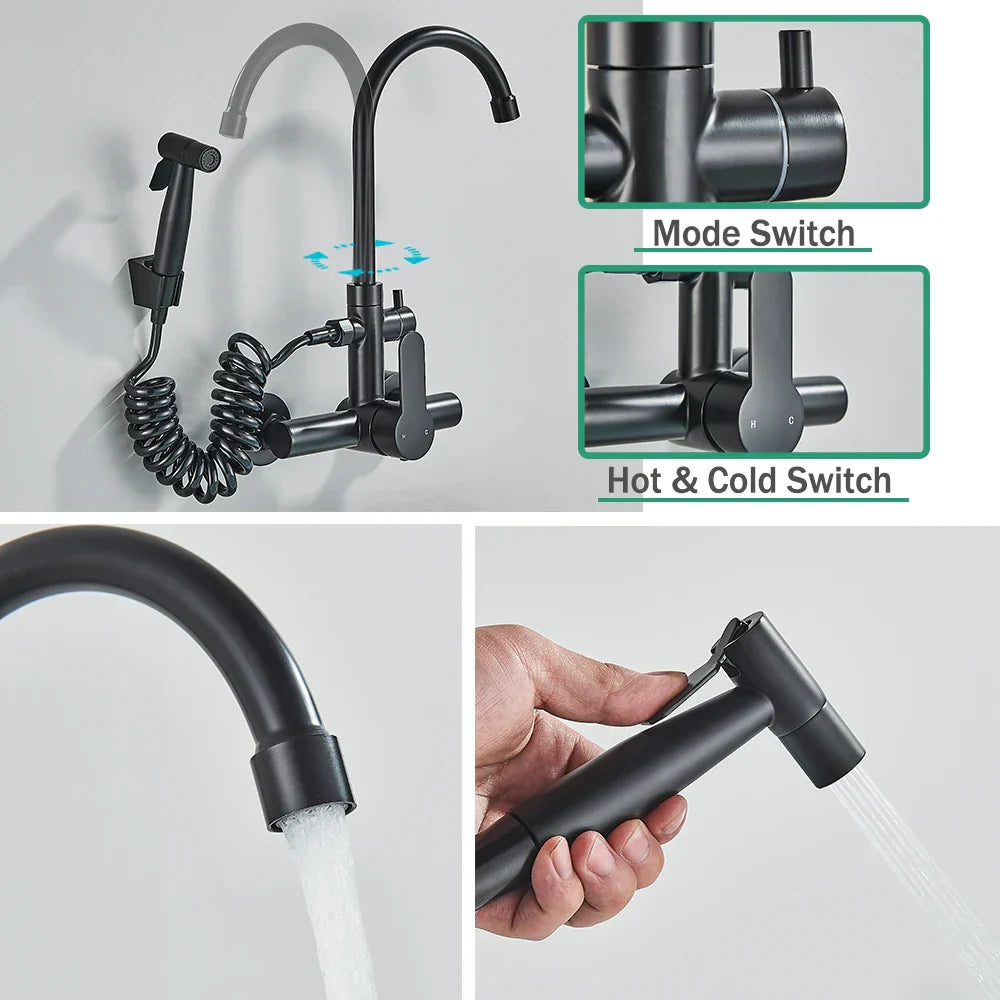 DecorBites™ Black SUS 304 Wall Mounted Gourmet Kitchen Faucet with Extendable Bidet