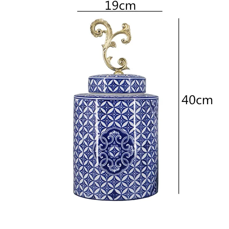 DecorBites™ Blue & White Porcelain Covered Vase Jar: Retro Chinese Home Decor Flower Arrangement & Organization
