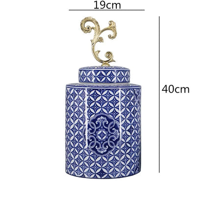 DecorBites™ Blue & White Porcelain Covered Vase Jar: Retro Chinese Home Decor Flower Arrangement & Organization