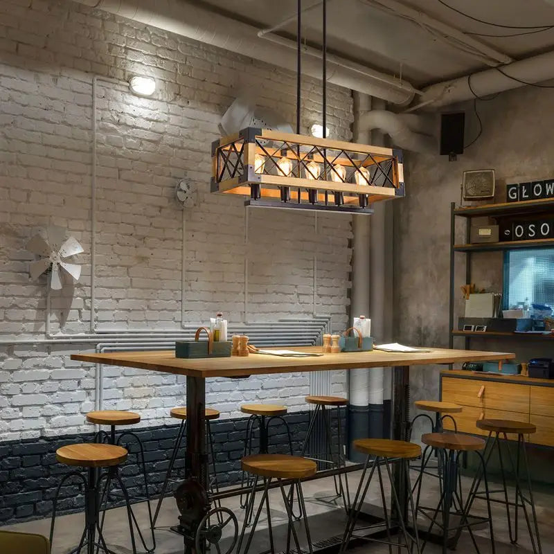 DecorBites™ 6-Head Industrial Style Pendant Lamp - Retro Solid Wood Iron Table Light