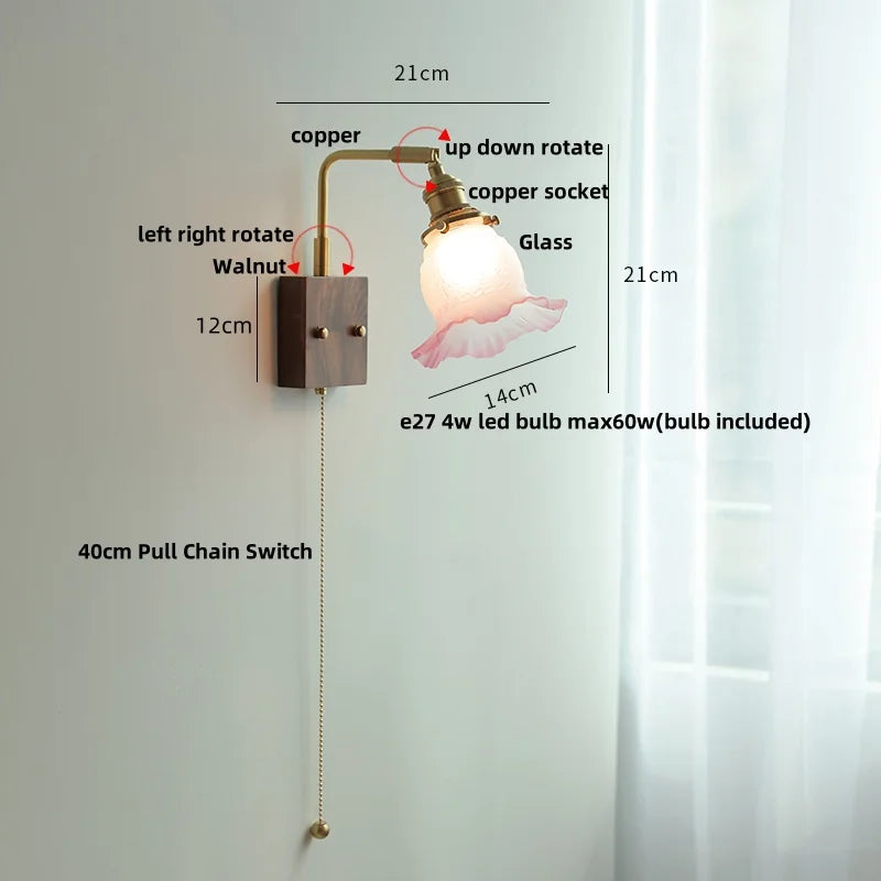 DecorBites™ Brass Walnut Wood LED Wall Sconce with Pull Chain Switch & Flower Glass