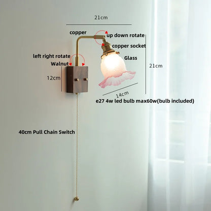 DecorBites™ Brass Walnut Wood LED Wall Sconce with Pull Chain Switch & Flower Glass