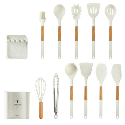 DecorBites™ 10/13 PCS Silicone Kitchen Cookware Set - High Temperature Resistant Non-Stick with Wooden Handle