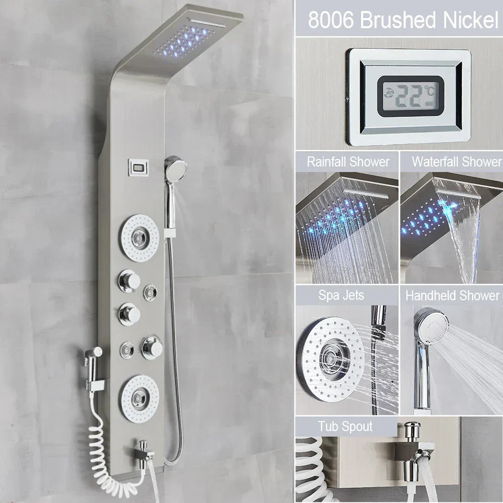 DecorBites™ Black LED Waterfall Rain Shower Panel Faucet Set with Massage Jets