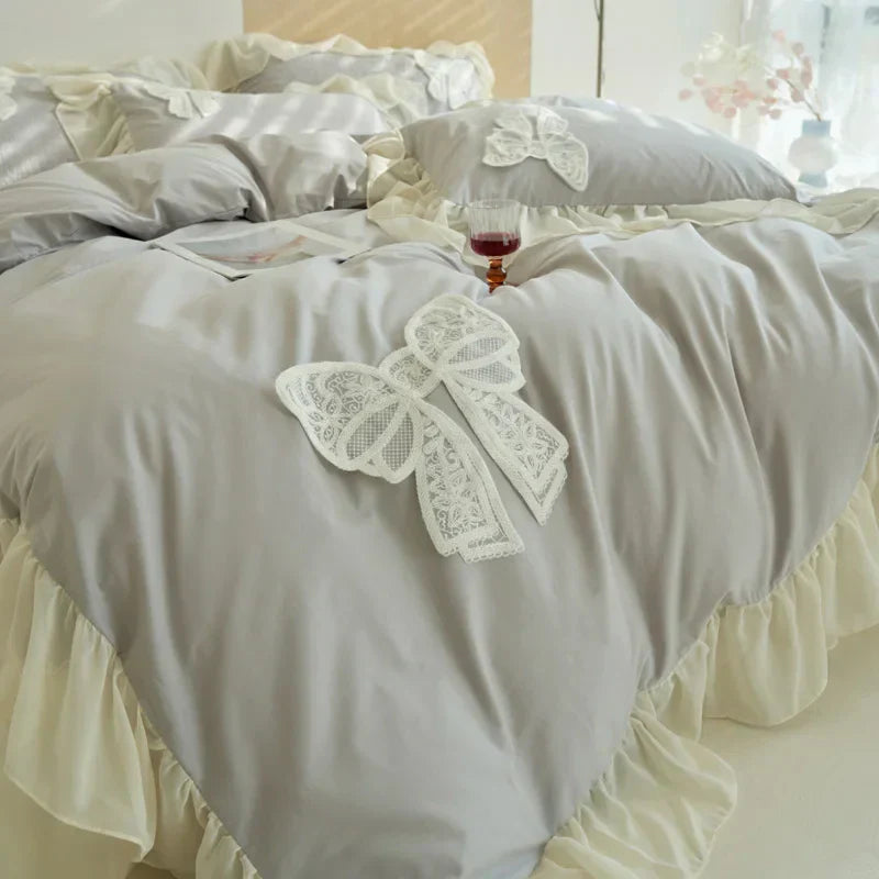 DecorBites™ Korean Lace Ruffles Queen Size Duvet Cover with Bow Detail - Romantic French Design