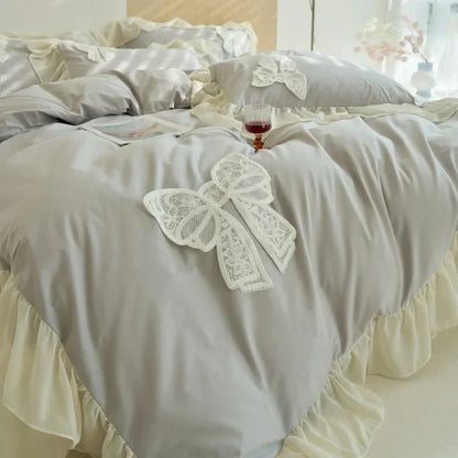 DecorBites™ Korean Lace Ruffles Queen Size Duvet Cover with Bow Detail - Romantic French Design